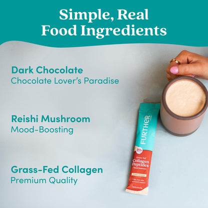 Further Food Chocolate Collagen Peptides Powder with Reishi Mushroom - 100% Grass-Fed, Hydrolyzed Type 1 & 3, 20g of Collagen per Serving, Supports Skin, Hair, Nails & Joints, Stick Packs, 9.74 Oz Further Food buy supplements Au