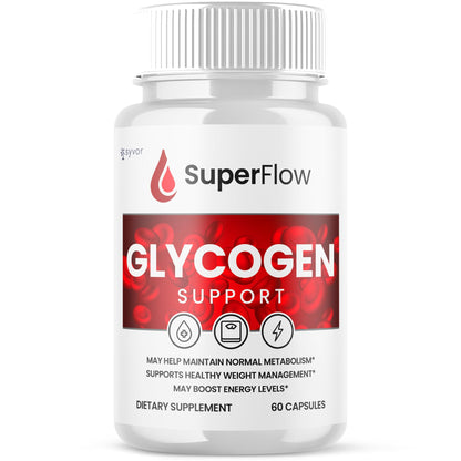 Supplement bottle labeled 'SuperFlow Glycogen Support' on a white background