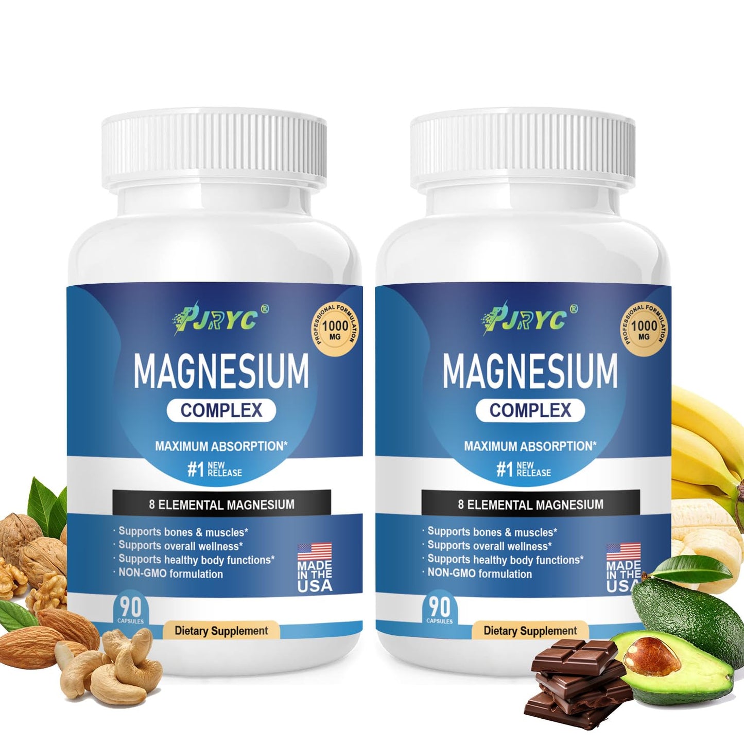Two bottles of magnesium complex supplement with health benefits displayed on a white background.