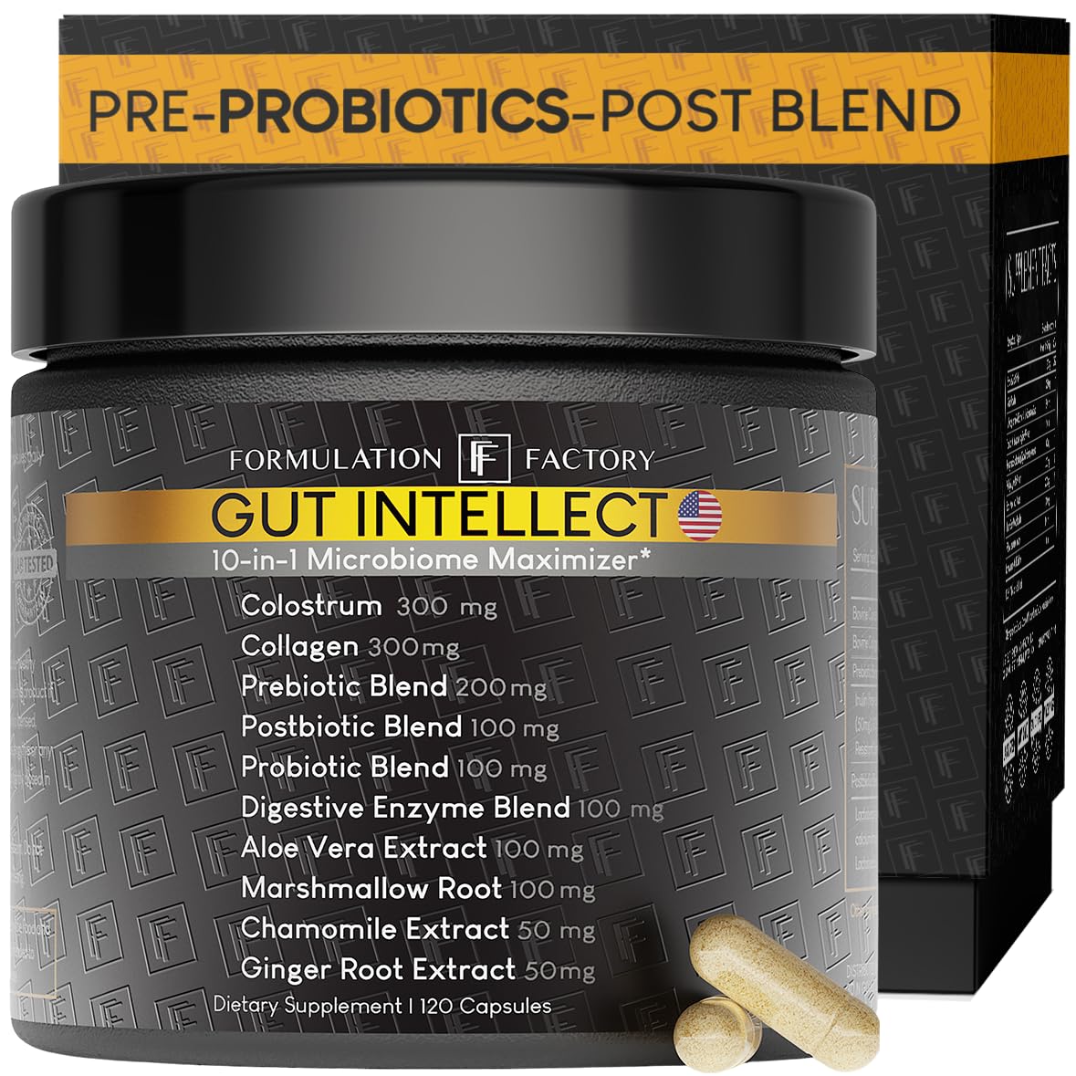 Supplement jar labeled 'Gut Intellect' with packaging in the background
