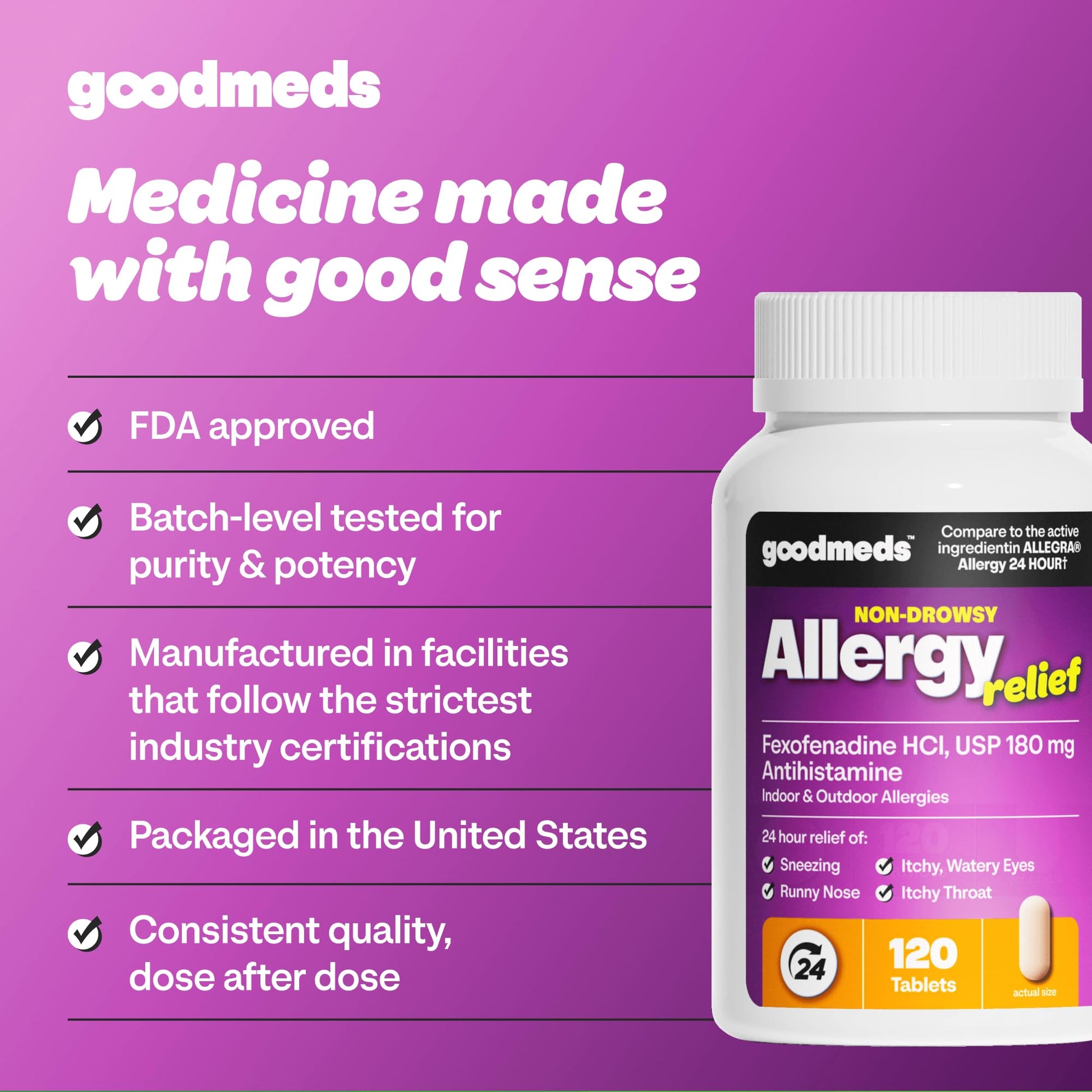 GoodMeds Compare to Allegra | Fexofenadine HCl 180mg | 24-Hour Allergy Relief, Non-Drowsy Antihistamine Generic Medicine for Allergies, Hay Fever, Itchy Eyes | for Kids & Adults (120 Count) GoodMeds buy supplements Au