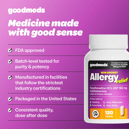 GoodMeds Compare to Allegra | Fexofenadine HCl 180mg | 24-Hour Allergy Relief, Non-Drowsy Antihistamine Generic Medicine for Allergies, Hay Fever, Itchy Eyes | for Kids & Adults (120 Count) GoodMeds buy supplements Au