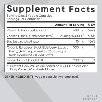 Sports Research® Elderberry Immune Support with Zinc, Ginger, Vitamin C & D3 - Vegan Friendly · Non-GMO · Gluten Free - 60 Veggie Capsules Sports Research buy supplements Au