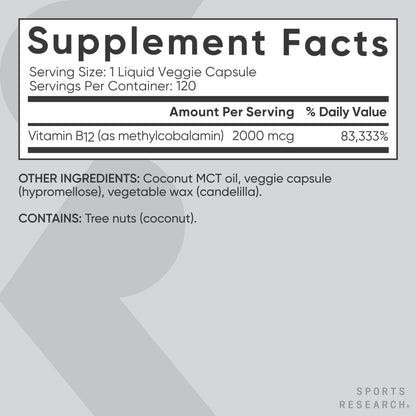 Sports Research® Vitamin B12 as Methylcobalamin 2000mcg - Plant Based B12 w/Coconut MCT Oil for Energy Metabolism Support - Vegan Certified · Non-GMO · Gluten Free - 120 Liquid Caps Sports Research buy supplements Au