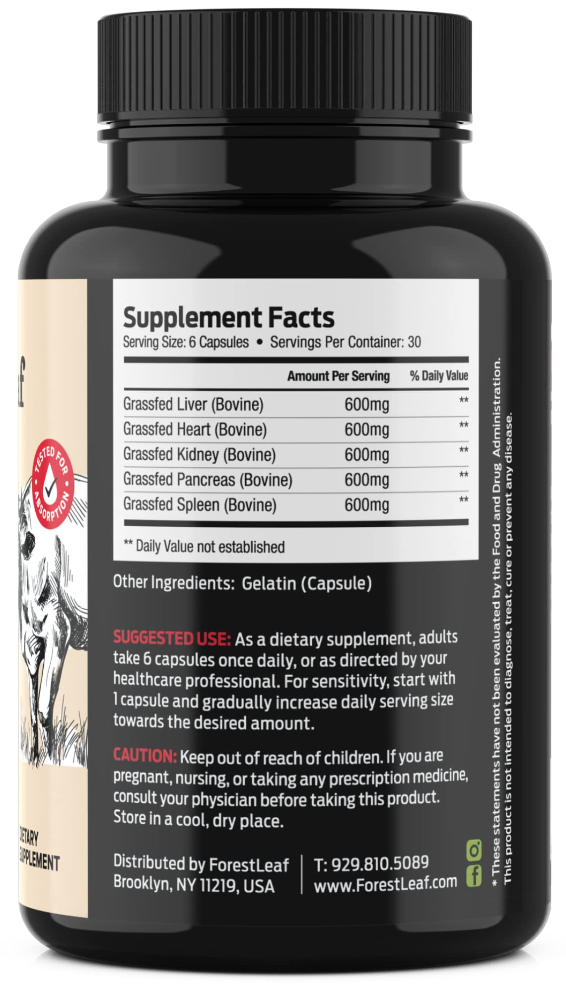 ForestLeaf Beef Organ Supplement - Grass Fed & Pasture Raised - Total Body Wellness & Performance, Organ Complex with 3000mg of Desiccated Beef Liver, Heart, Kidney, Pancreas, Spleen (180 Capsules) ForestLeafBuy Supplements Australia