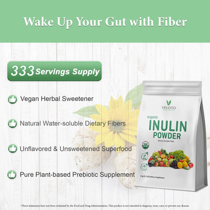 VELOTO Organic Inulin Powder – Prebiotic Fiber Supplement for Smoothies & Drinks, 2.2 lb, Flavorless, Water Soluble, Vegan & Non-GMO