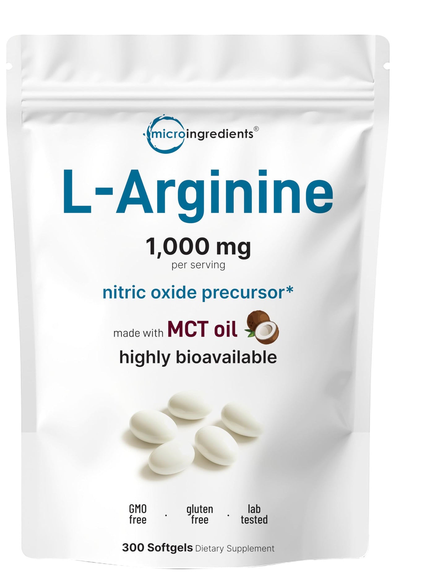 Micro Ingredients L-Arginine 1000mg with MCT Oil, 300 Softgels | Nitric Oxide Precursor* for Men & Women | Extra Strength Amino Acid Formula for Daily Wellness