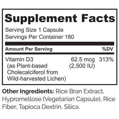 NATURELO Vitamin D - 2500 IU - Plant Based from Lichen - Natural D3 Supplement for Immune System, Bone Support, Joint Health - Vegan