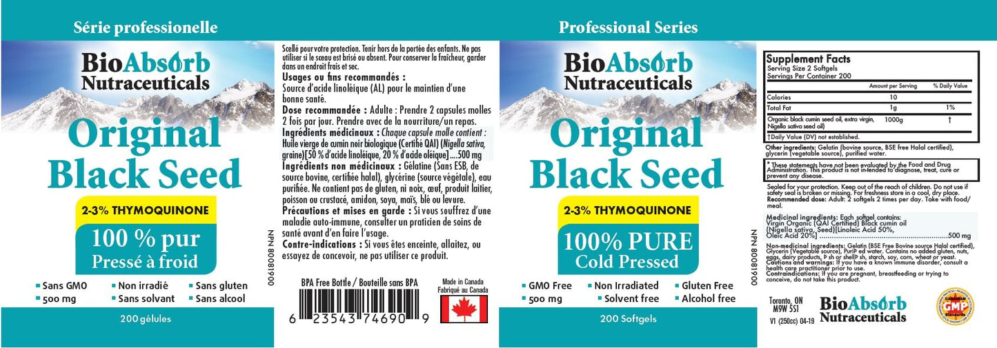 Bio Absorb Black Seed Oil Cold Pressed Capsules. 200 softgels, 500mg (50-Day Supply). No Aftertaste. Bio Absorb Nutraceuticals buy supplements Au