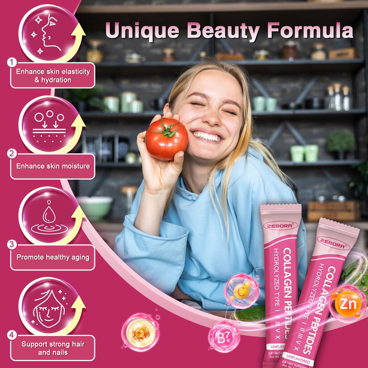 ZEBORA Multi Collagen Peptides Powder Packets with Hyaluronic Acid, Biotin, MCT - Hydrolyzed Collagen with 5 Billion Probiotics