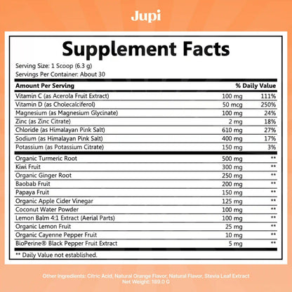 Jupi Hydration & Wellness Powder – Turmeric & Ginger shots, Vitamin C Supplement for Energy, Immune Support & Digestive Health – Vegan, Gluten-Free Drink Mix