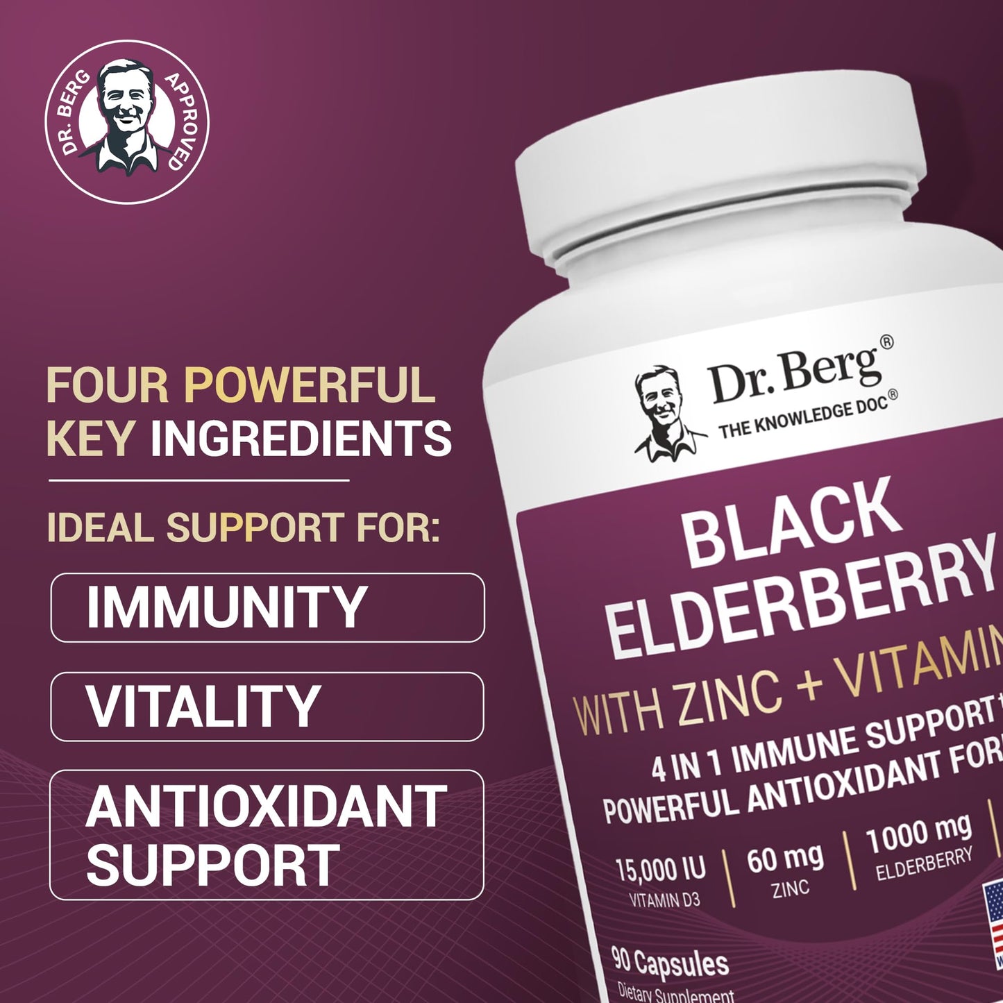 Dr. Berg Black Elderberry Capsules (Advanced Immune Support*) with 15,000 IU Vitamin D, 60 mg of Zinc, & 90 mg of Camu Camu - (4-in-1) Sambucus Elderberry Immune Support Supplement - 90 Capsules Dr. Berg NutritionalsBuy Supplements Australia