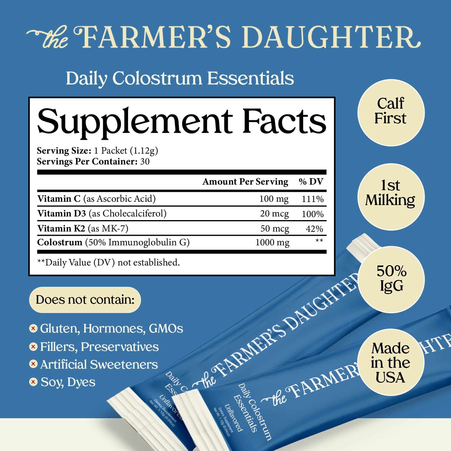 THE FARMER'S DAUGHTER Colostrum Powder | Unflavored | Gut Health & Bloating | Hair, Skin & Nails | Immunity Supplement | 30 Individual Travel Stick Packs THE FARMER'S DAUGHTER buy supplements Au