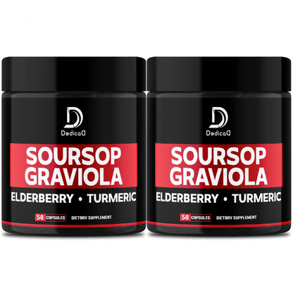 Two bottles of Deditca Soursop Graviola dietary supplement with black and red labels on a white background.