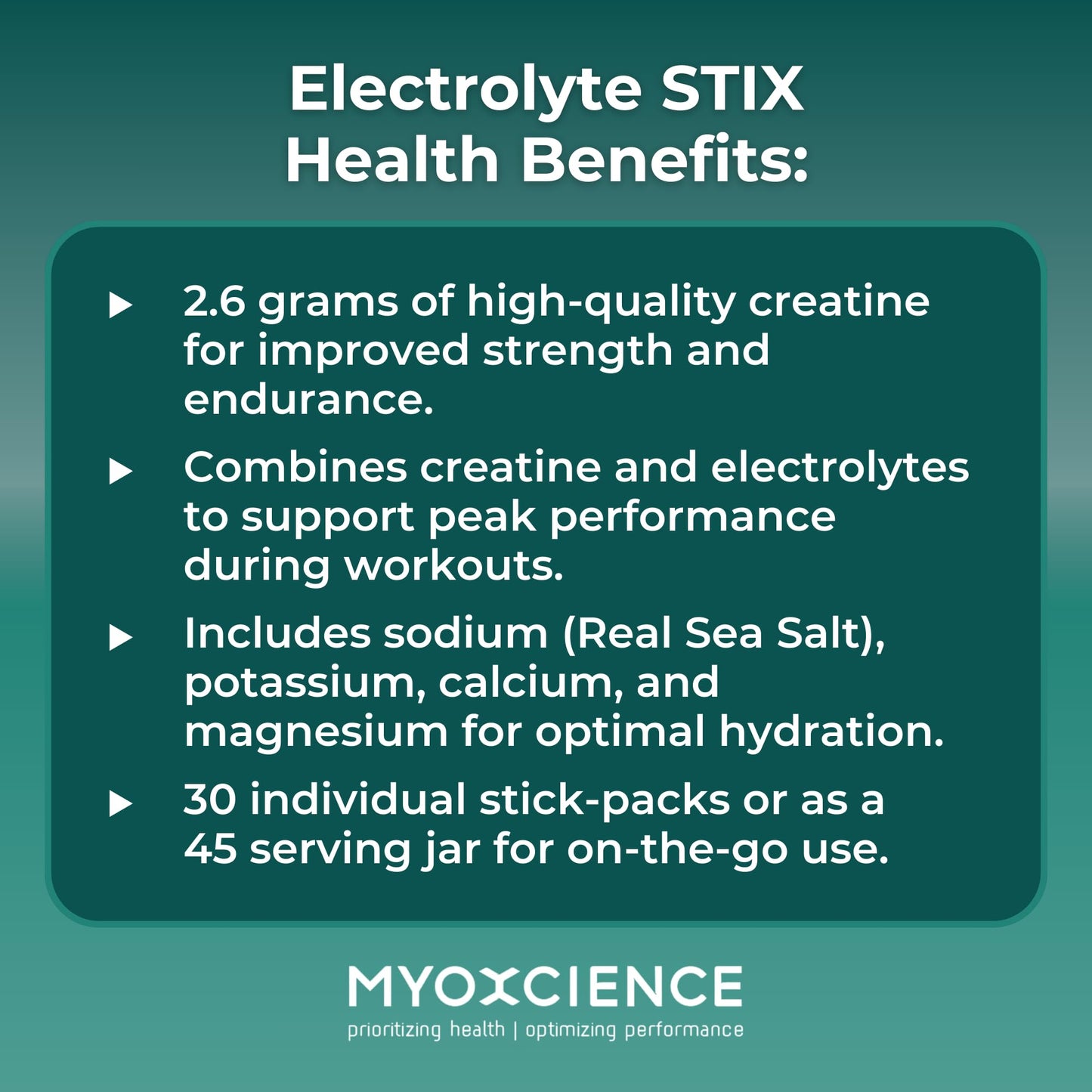 MYOXCIENCE Electrolyte STIX | Creatine Electrolyte Powder | Recovery from Exercise & Muscle Development w/Real Salt (Unflavored) (Jar 45 ct) MYOXCIENCE buy supplements Au