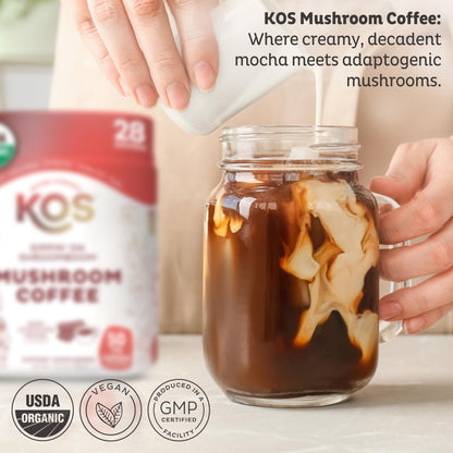 KOS Mushroom Coffee - USDA Certified Organic - Dark Chocolate Mocha Flavor - Mushroom Coffee Latte Powder with Reishi, Cordyceps, Lion's Mane, Chaga & Turkey Tail Mushrooms KOS buy supplements Au