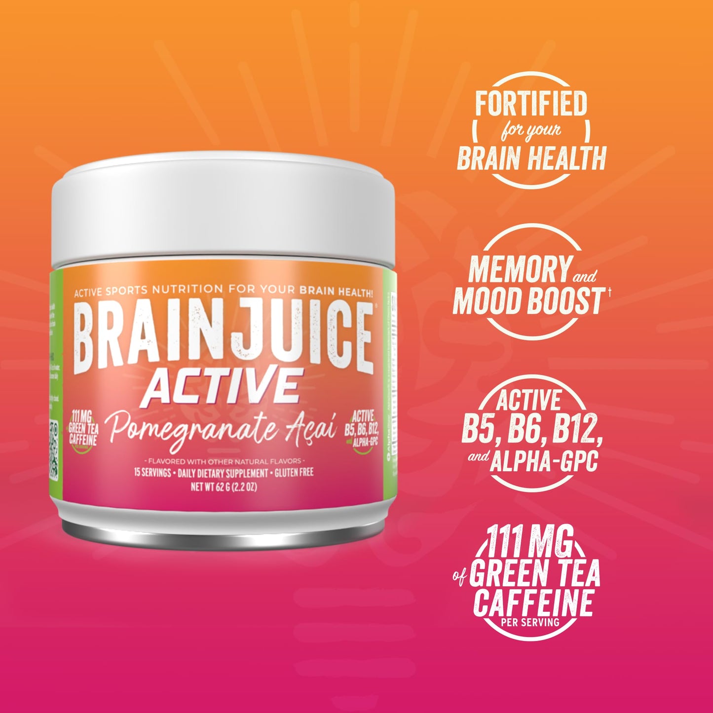 BrainJuice Nootropics Brain Support Supplement, Gluten Free Powder for Energy and Focus, Pre Workout w/Alpha GPC, Vitamin B & Organic Green Tea Extract Caffeine, Active Pomegranate Acai, 15 Servings BrainJuice buy supplements Au
