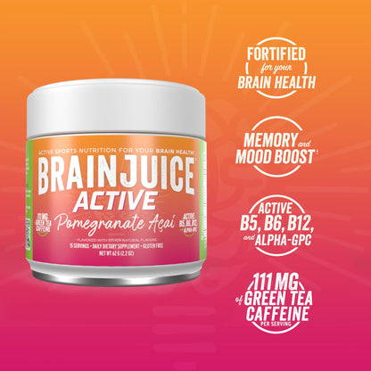 BrainJuice Nootropics Brain Support Supplement, Gluten Free Powder for Energy and Focus, Pre Workout w/Alpha GPC, Vitamin B & Organic Green Tea Extract Caffeine, Active Pomegranate Acai, 15 Servings BrainJuice buy supplements Au