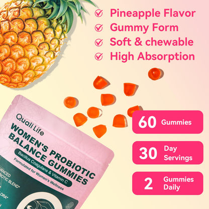 QualiLife Premium Feminine Balance Gummies for Women – Probiotic Vaginal Health Support with Vitamin C – pH Balance & Flora Support – Sugar Free, Vegan, Hawaiian Pineapple Flavor – 60 Gummies (1) QualiLifeBuy Supplements Australia