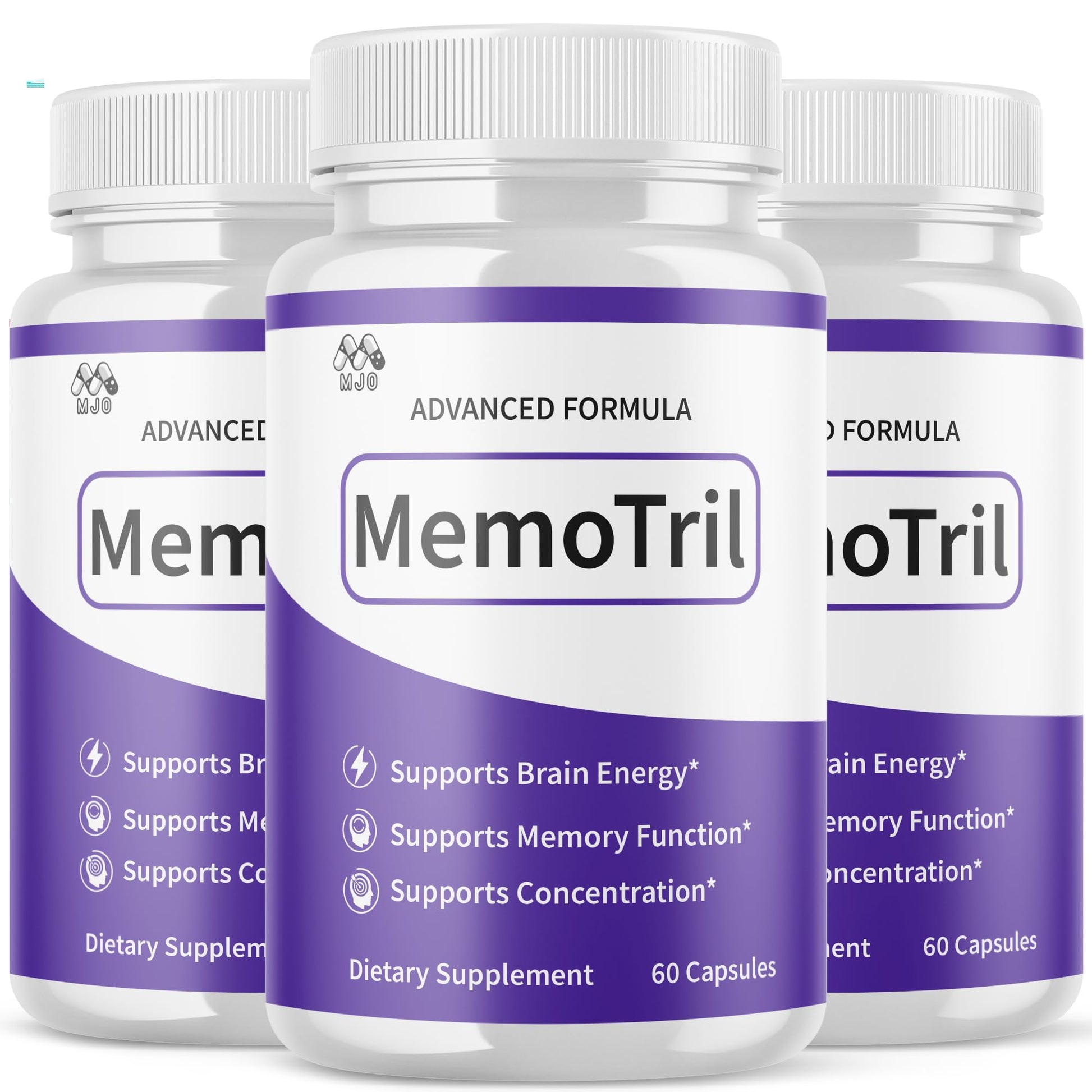 Three bottles of MemoTril dietary supplements with purple and white labels.