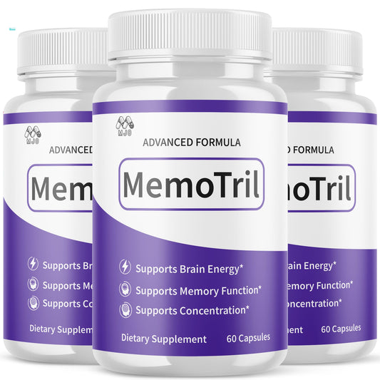 Three bottles of MemoTril dietary supplements with purple and white labels.
