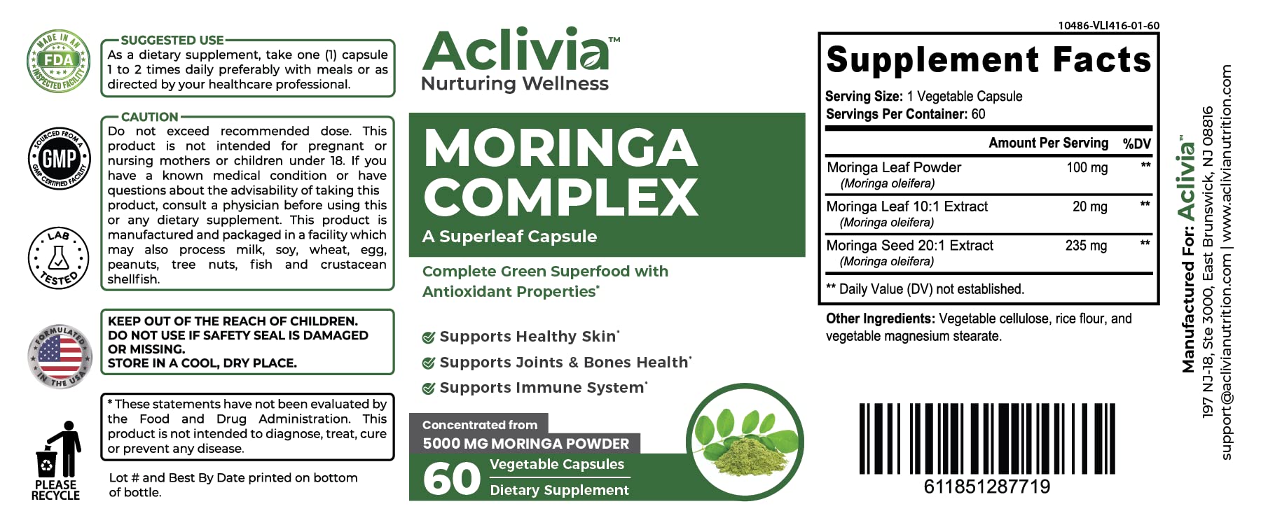 Aclivia - Moringa Complex - Maximum Strength Moringa Oleifera Leaf & Seed Supplement - Superfood Capsules with Antioxidant Properties - 5000mg - 60 Capsules AcliviaBuy Supplements Australia