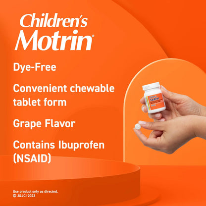 Motrin Children's Dye-Free Chewable Tablets with Ibuprofen, Kids' Fever Reducer & Pain Reliever for Sore Throat, Fever, Toothache & Pain Relief, Grape Flavor, 24 Ct MotrinBuy Supplements Australia