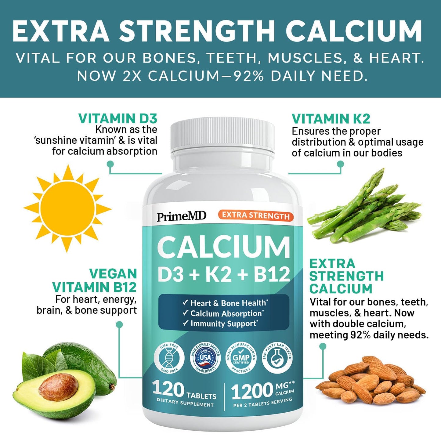4-in-1 Calcium 1200 mg with Vitamin D3 K2 - Extra Strength Calcium Supplements for Women & Men with D3 K2 Vitamin 5000 IU - Everyday Vitality Supplement