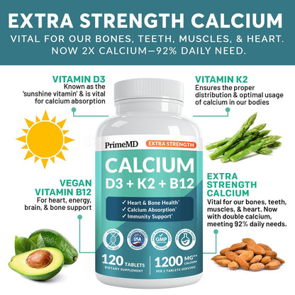 4-in-1 Calcium 1200 mg with Vitamin D3 K2 - Extra Strength Calcium Supplements for Women & Men with D3 K2 Vitamin 5000 IU - Everyday Vitality Supplement