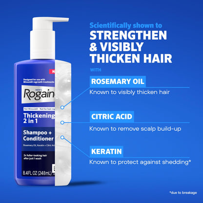 Rogaine Men's Thickening 2 in 1 Shampoo + Conditioner, Hair Thickening Shampoo & Conditioner with Rosemary Oil, Keratin & Citric Acid Leaves Hair