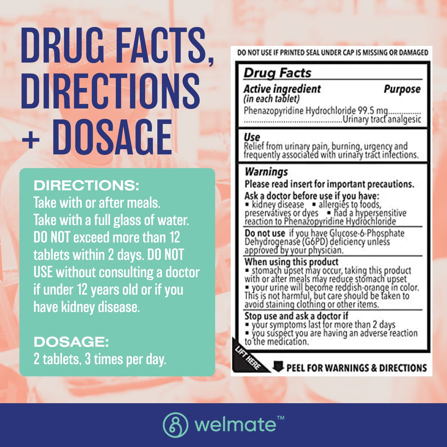 WELMATE Urinary Pain UTI Relief Maximum Strength (Phenazopyridine HCL) - Improve Urinary Tract Health & Bladder Control, Urgency, & Discomfort | Over-The-Counter Medication for Men & Women (72 Pills) WELMATE buy supplements Au