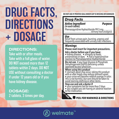 WELMATE Urinary Pain UTI Relief Maximum Strength (Phenazopyridine HCL) - Improve Urinary Tract Health & Bladder Control, Urgency, & Discomfort | Over-The-Counter Medication for Men & Women (72 Pills) WELMATE buy supplements Au