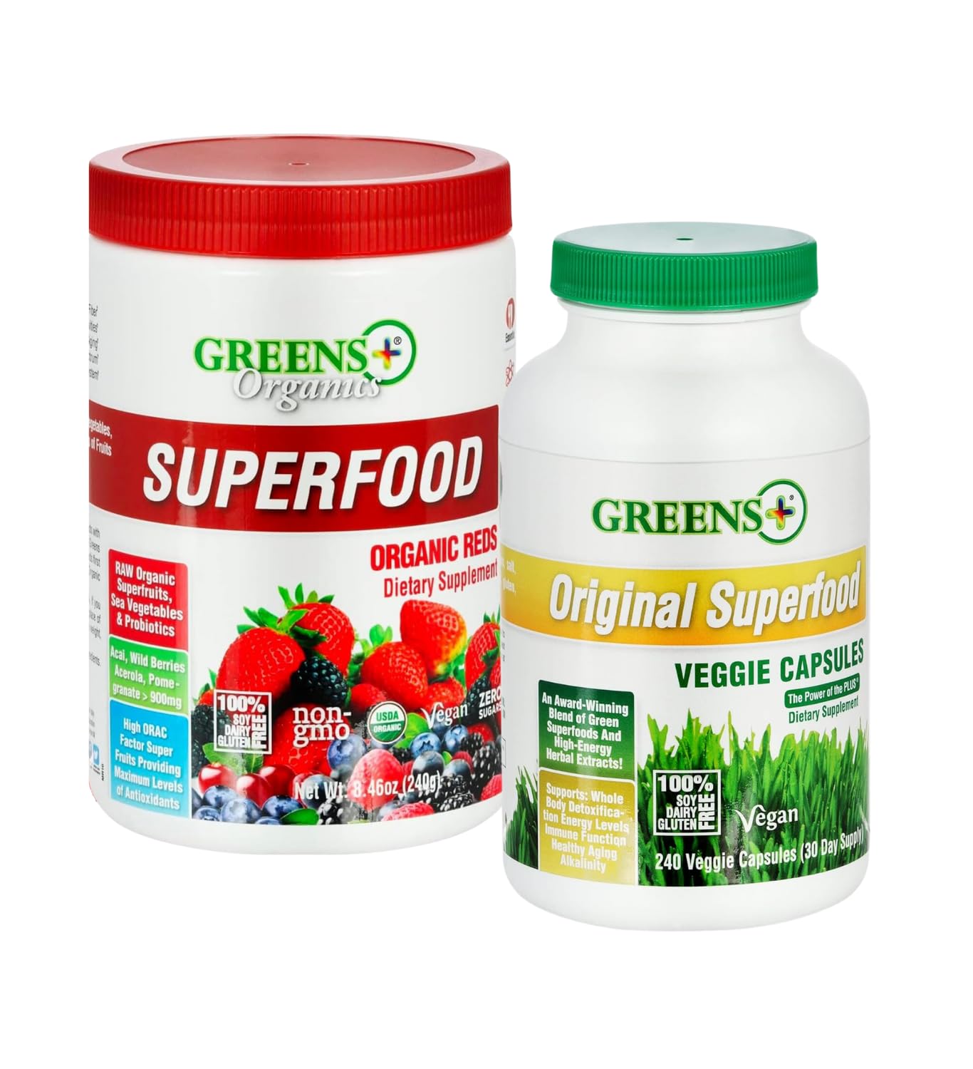 Two bottles of Greens Organics superfood products on a white background