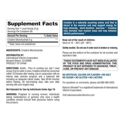Nature's Wonder Micronized Creatine Monohydrate Powder 5g, Muscle Health, Muscle Energy Production, No Lactose, 5g of Micronized creatine Powder per Serving, 450G, 90 Servings