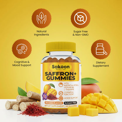 Saffron Gummies for Mood Boost & Stress Relief | Saffron Extract with 150mg Rhodiola Rosea & L-Theanine | Sugar Free Mango Flavor | Focus & Energy Supplement for Women & Men | 60 Count