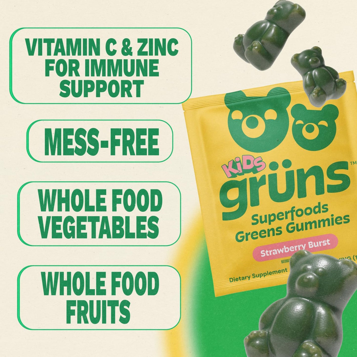 Gruns Multivitamin for Kids, Super Greens Gummies, Superfood Gummy Bears with 20+ Vitamins & Minerals, Spirulina, Chlorella, Alfalfa, Prebiotics Fiber for Digestive Health