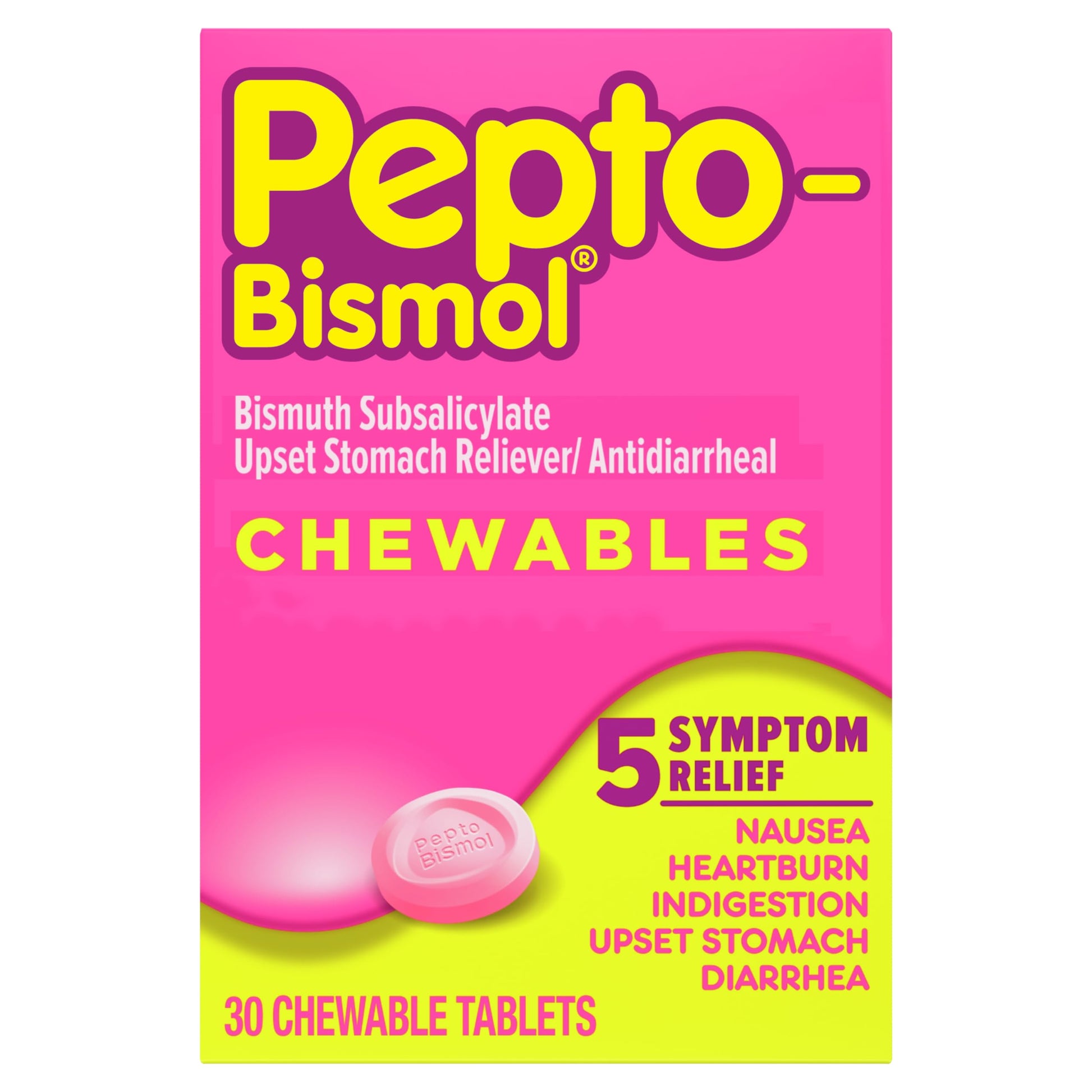 Pepto Bismol Chewable Tablets, Upset Stomach Relief, Nausea Relief, Heartburn Relief, Indigestion Relief, Anti Diarrhea Medication for Adults - 5 Symptom Relief, 30 ct Pepto Bismol buy supplements Au