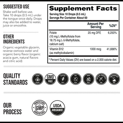 L Methyl Folate 15mg Plus Methyl B12 Cofactor – Organic Berry Flavor, High Potency Liquid Sublingual Active 5-MTHF Form - Supports Mood, Methylation