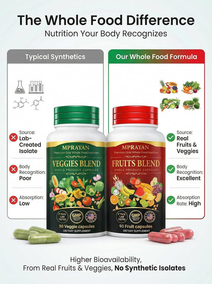 MPRAYAN Fruits and Veggies Capsules - 90 Fruits + 90 Veggies - Whole Food Superfood Supplement - Daily Greens Vitamins & Minerals - Plant Based Nutrition - Vegan Non-GMO - 180 Capsules MPRAYAN buy supplements Au