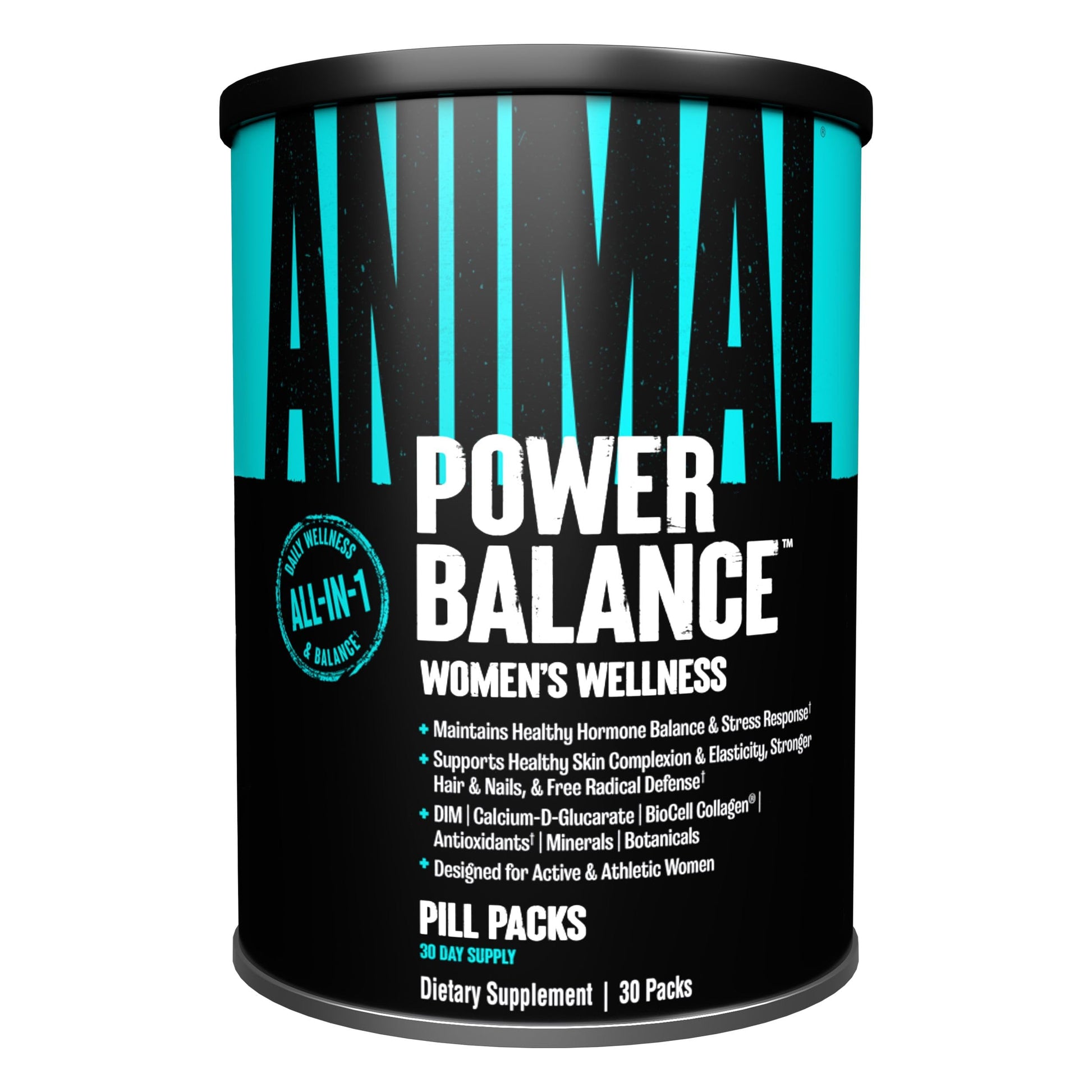 Black and teal supplement container labeled 'Power Balance Women's Wellness' on a white background