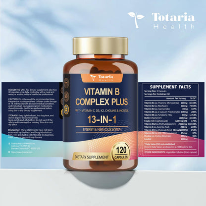 13-in-1 Vitamin B Complex Plus with Vitamin B1, B2, B3 (Niacinamide), B4, B5, B6, B7 (Biotin), B8 (Inositol), B9 (Folate), B12, C, D3, K2 - Energy, Nerve,