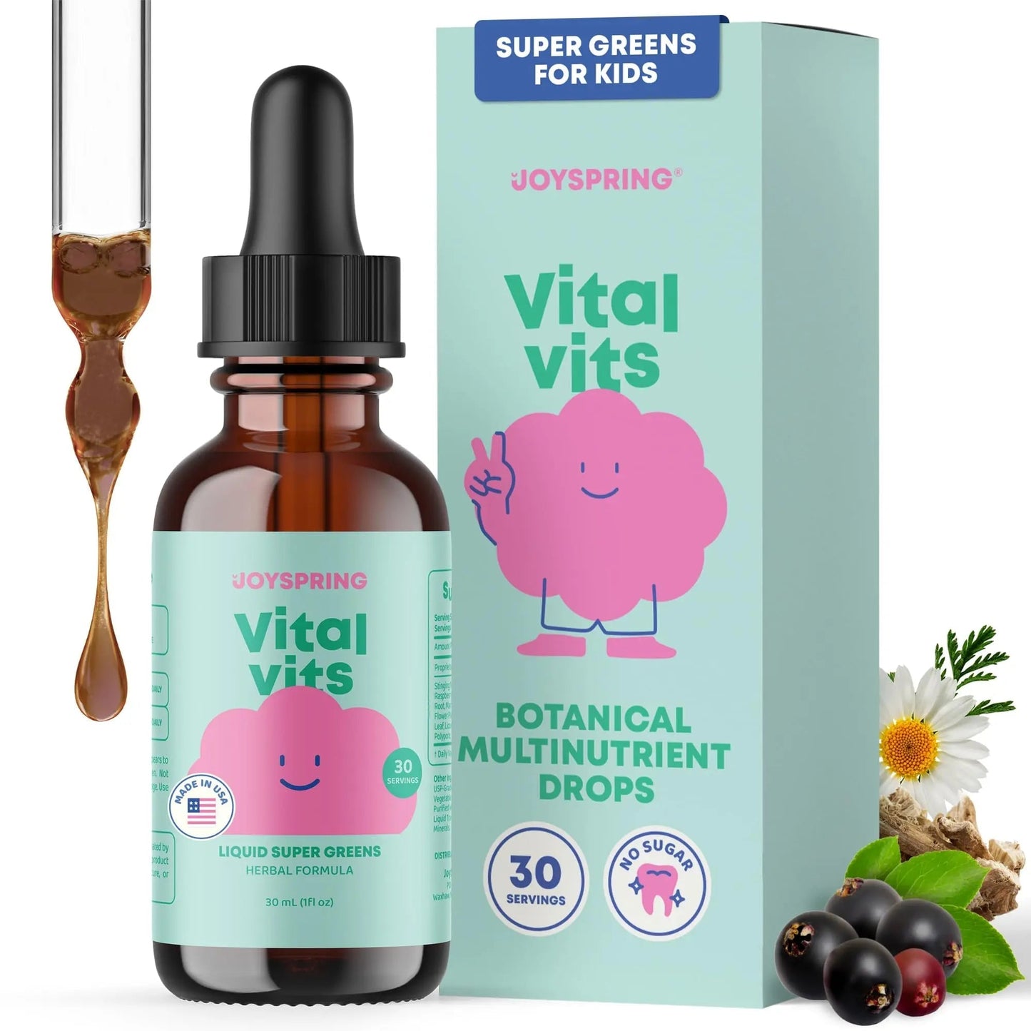 JoySpring Vital Vits - Kids Liquid Multivitamin - 1 fl oz (30 Servings) | Herbal Liquid Vitamins for Kids | Natural Flavor | JoySpring