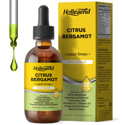 HOLLEGEND Citrus Bergamot Liquid Drops, Organic Citrus Bergamot 1000mg Supplement, Plus Soursop, CoQ10, Vitamin D3, K2,