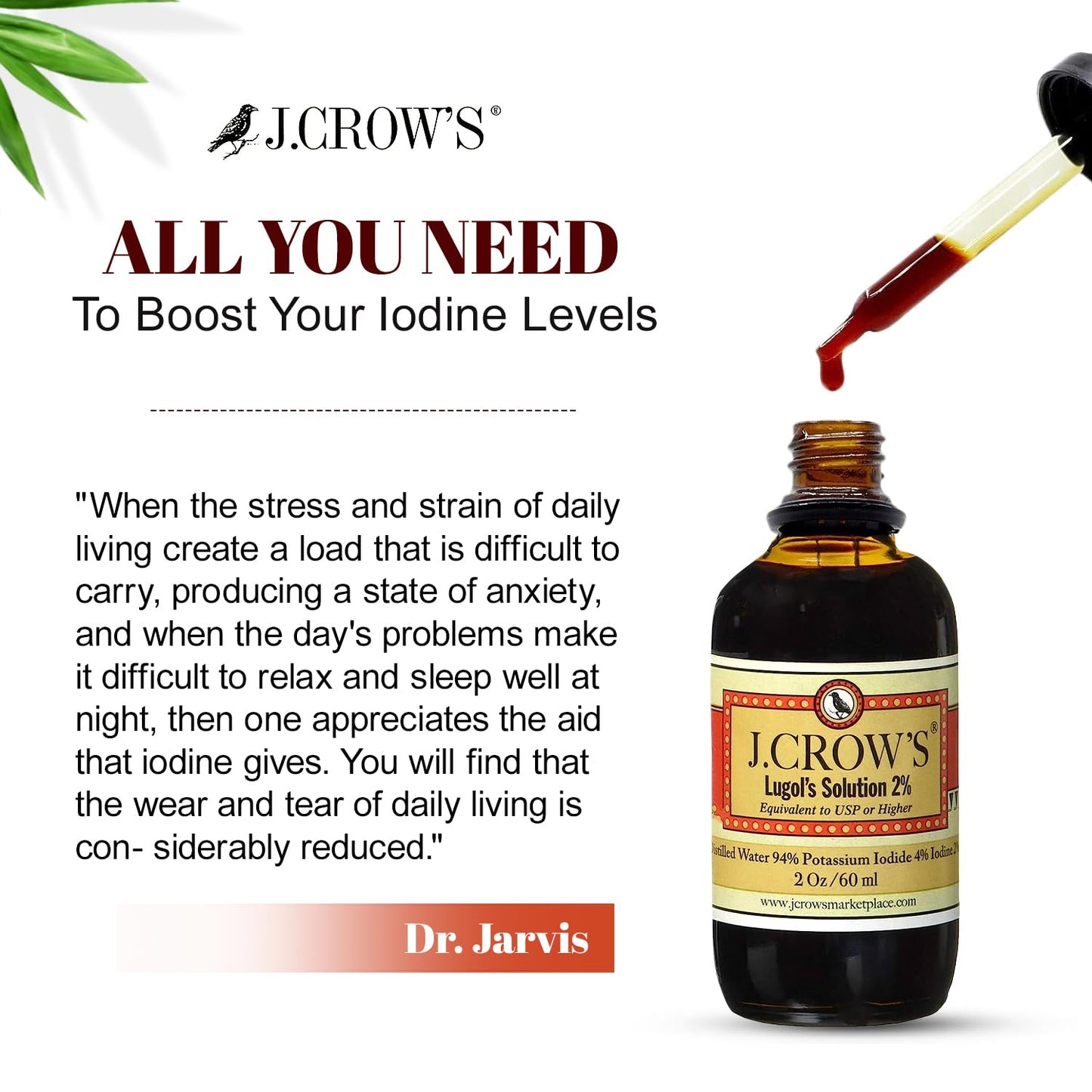 J.CROW'S® Lugol's Solution of Iodine 2% 2 oz (1 Bottle) – Premium Iodine & Potassium Iodide Liquid, Gluten
