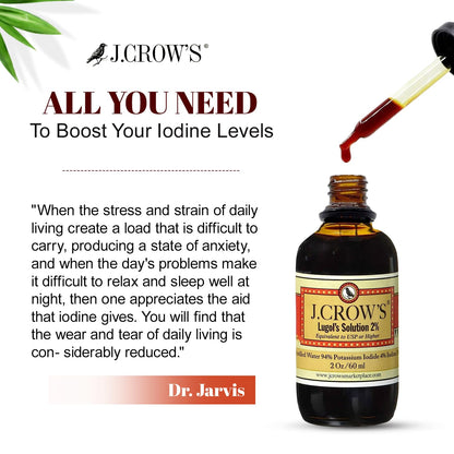 J.CROW'S® Lugol's Solution of Iodine 2% 2 oz (1 Bottle) – Premium Iodine & Potassium Iodide Liquid, Gluten