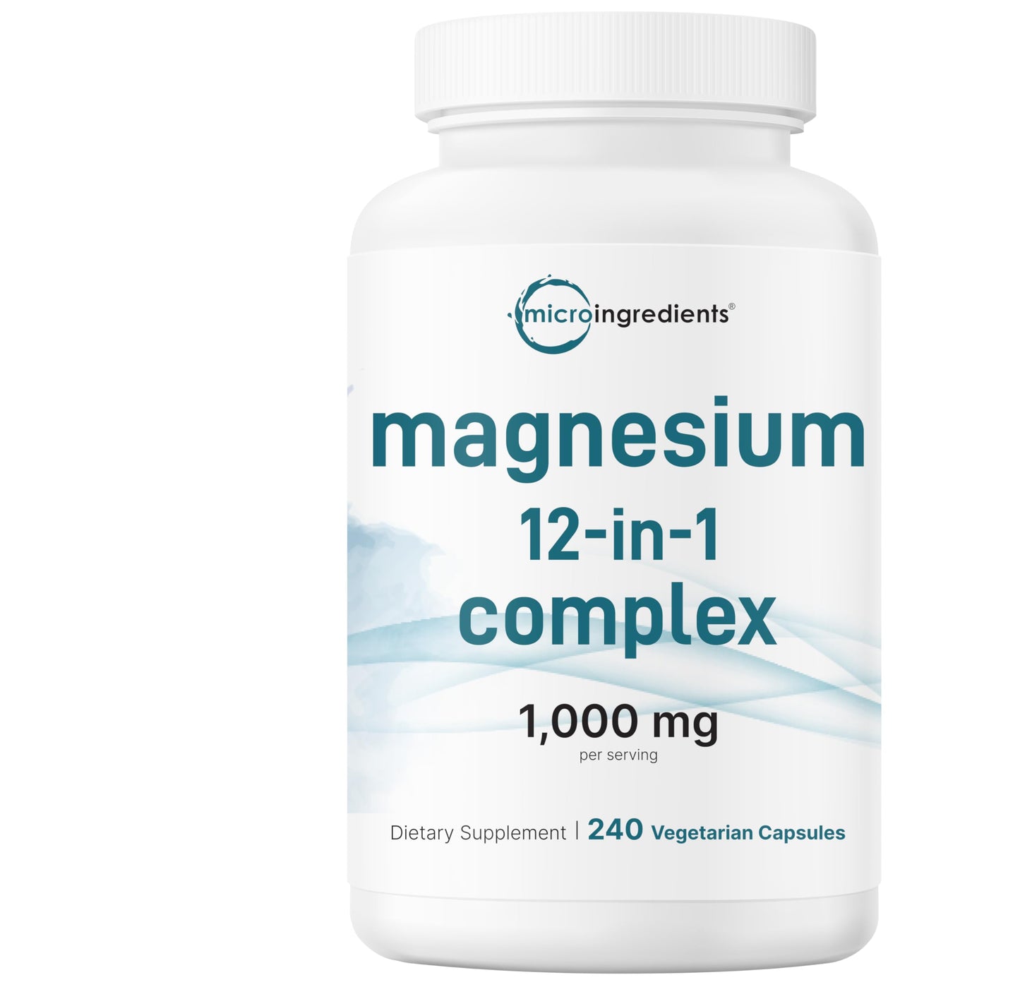 Supplement bottle labeled 'magnesium 12-in-1 complex' with 'microingredients' branding on a white background.