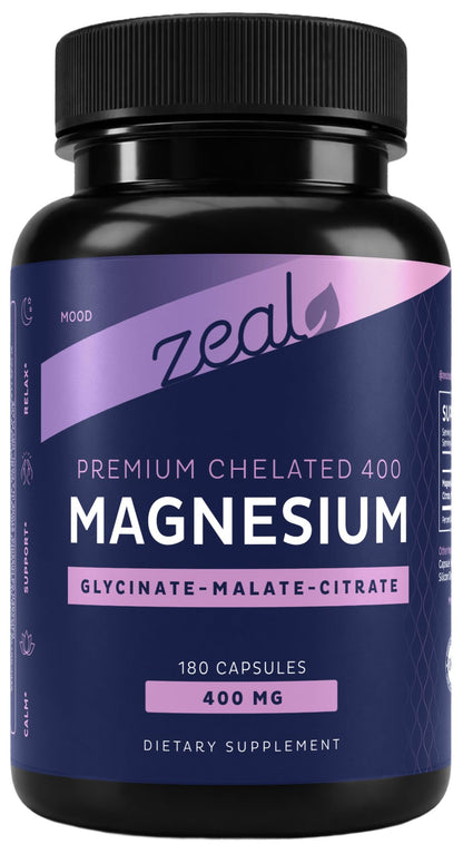 Supplement bottle labeled 'zeal' with purple and black design on a white background