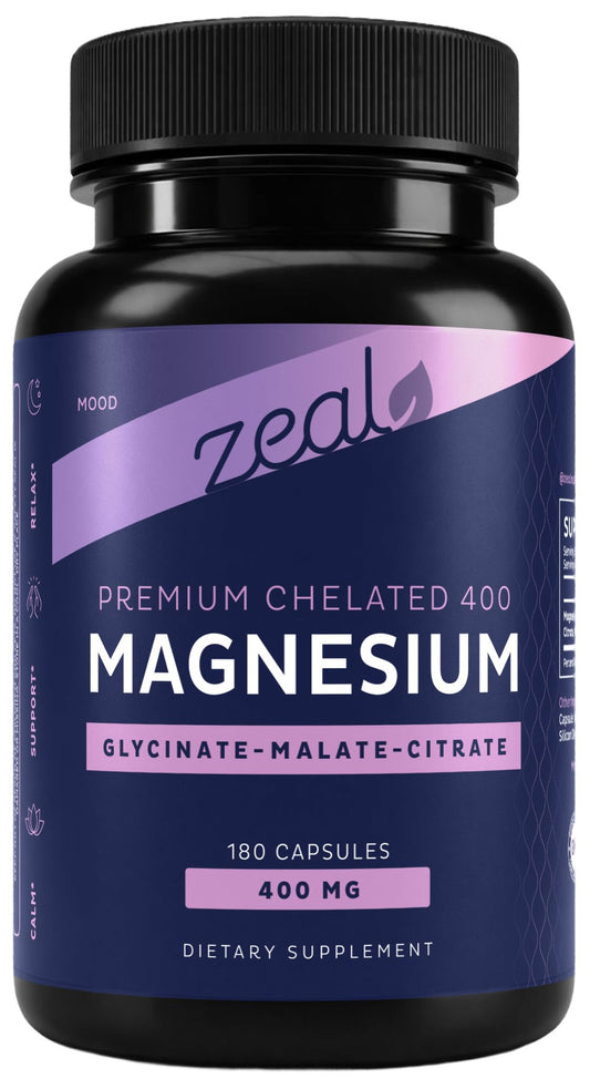 Supplement bottle labeled 'zeal' with purple and black design on a white background