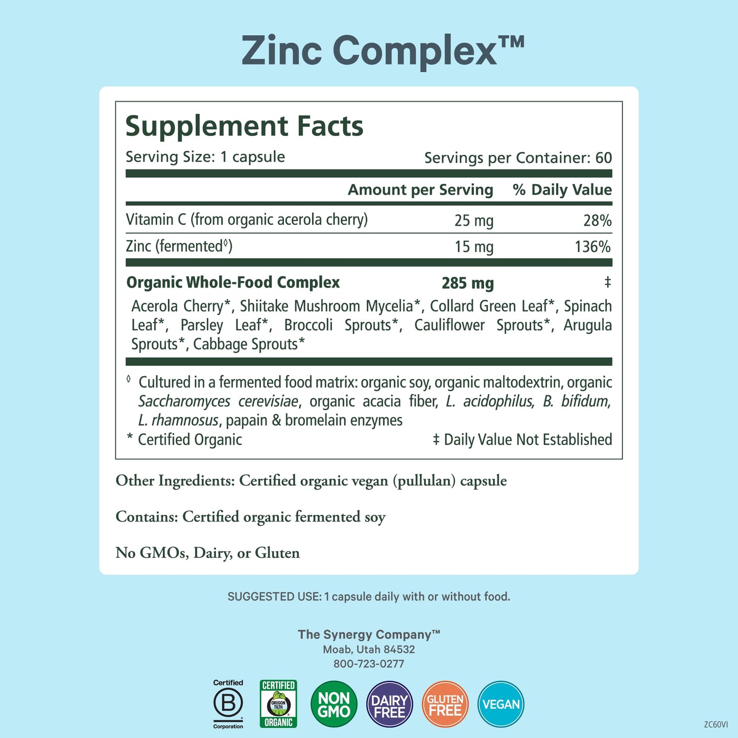 PURE SYNERGY Zinc Complex | Immune Support Supplement | Natural, Vegan Zinc Complex with Vitamin C and Organic Whole Foods | for Immune