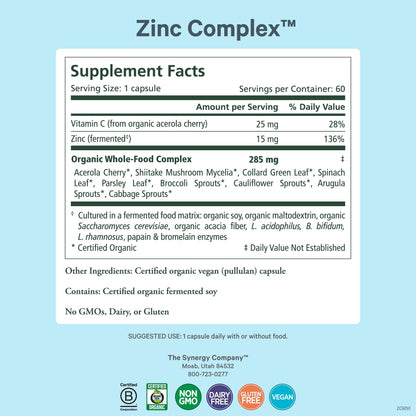 PURE SYNERGY Zinc Complex | Immune Support Supplement | Natural, Vegan Zinc Complex with Vitamin C and Organic Whole Foods | for Immune